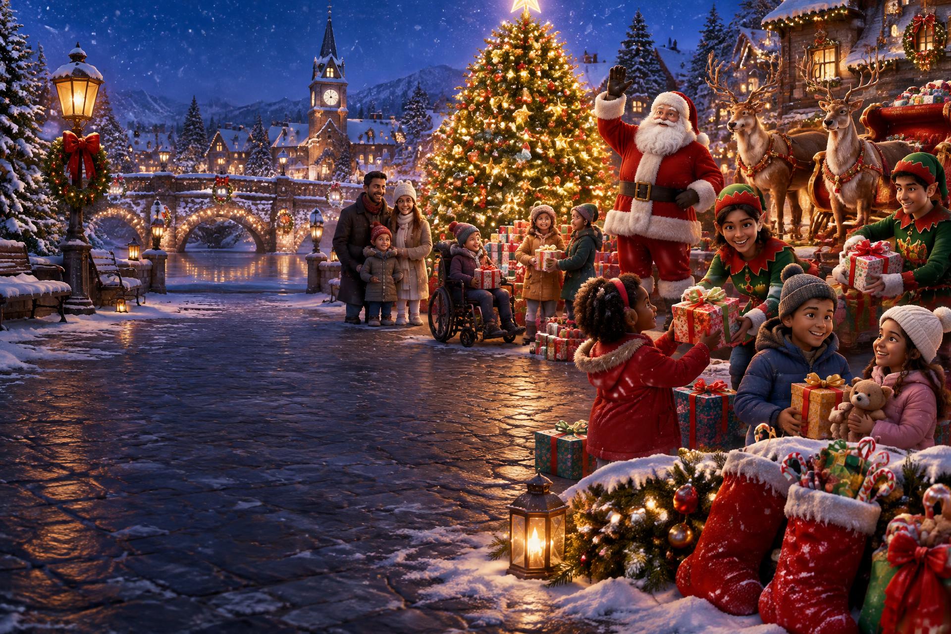Children and families receiving Christmas gifts beside Santa, elves, reindeer, and a glowing tree