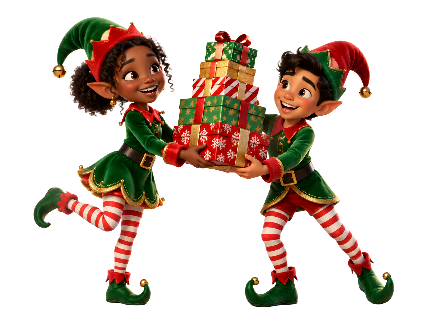 Two cheerful elves carrying a tall stack of presents together