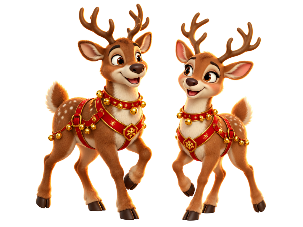 Two festive reindeer prancing together
